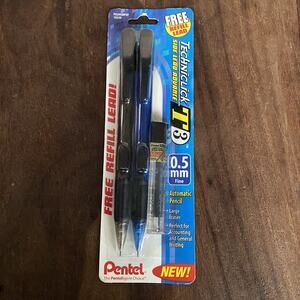 New Pentel Techniclick T3 Mechanical Pencils 0.5mm Black Blue 2 Pack w/ Lead